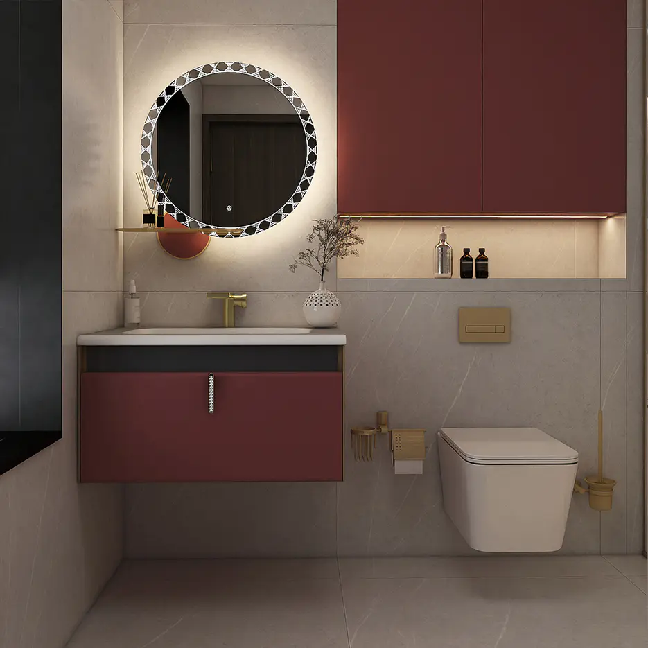 Wholesale Rosso Jaipur Red color with integrated Ceramic basin bathroom cabinets - AROMA PRO Series