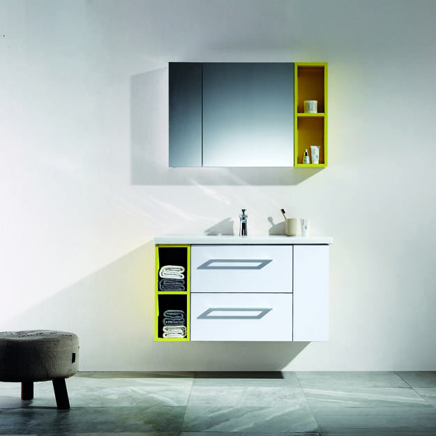 White & High Glossy Yellow Wall Mounted Bathroom Cabinet With Drawers - Moda Series